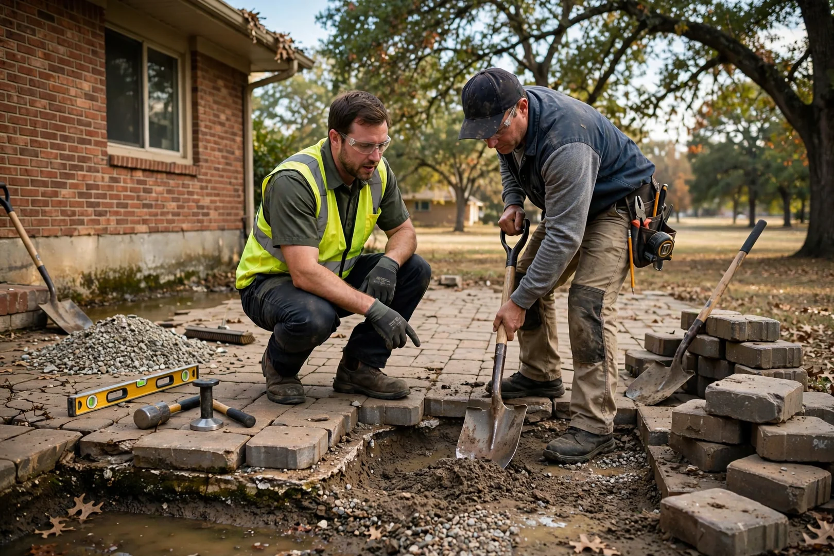 Plate compactor setting interlocking pavers on a new residential driveway