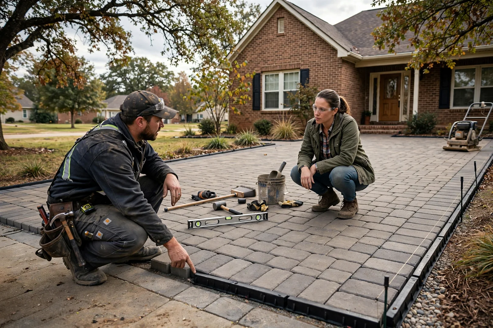 Finished interlocking paver driveway with clean edge restraints in front of a Norman home
