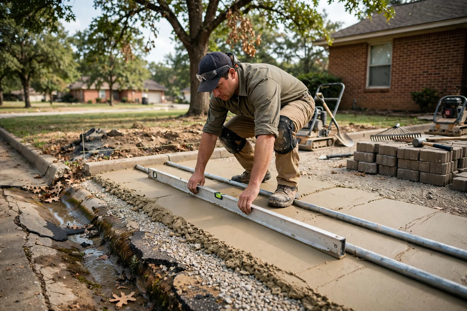 Installer screeding bedding sand over compacted base before setting driveway pavers