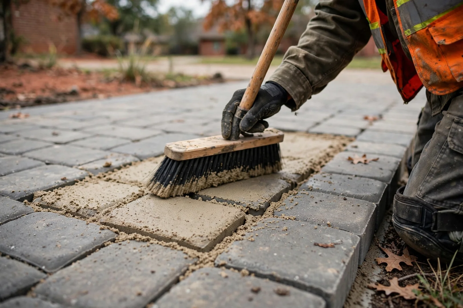 Close view of polymeric sand joints between driveway pavers after installation
