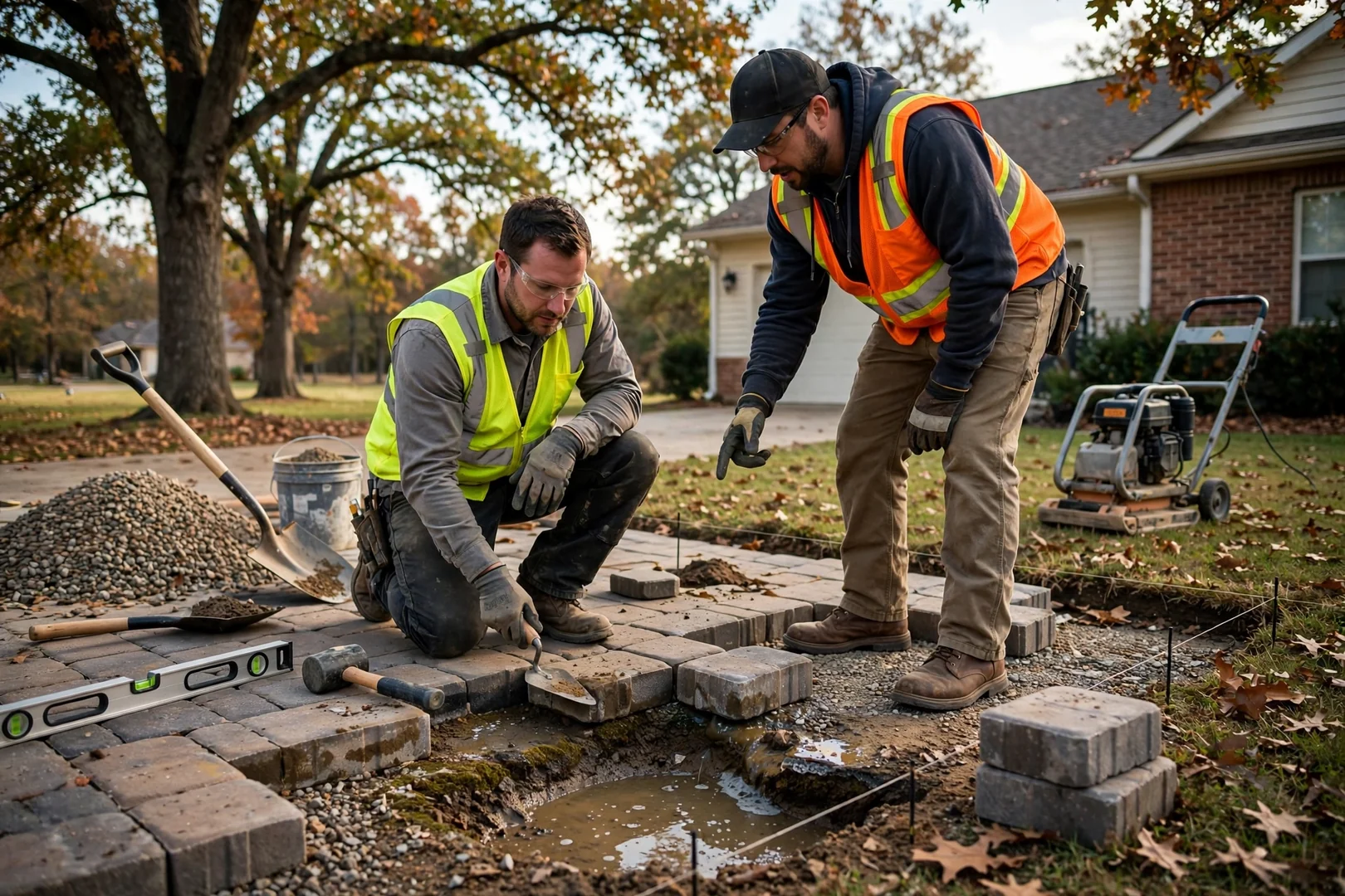 Installer reviewing a finished paver walkway with a homeowner during a final walkthrough