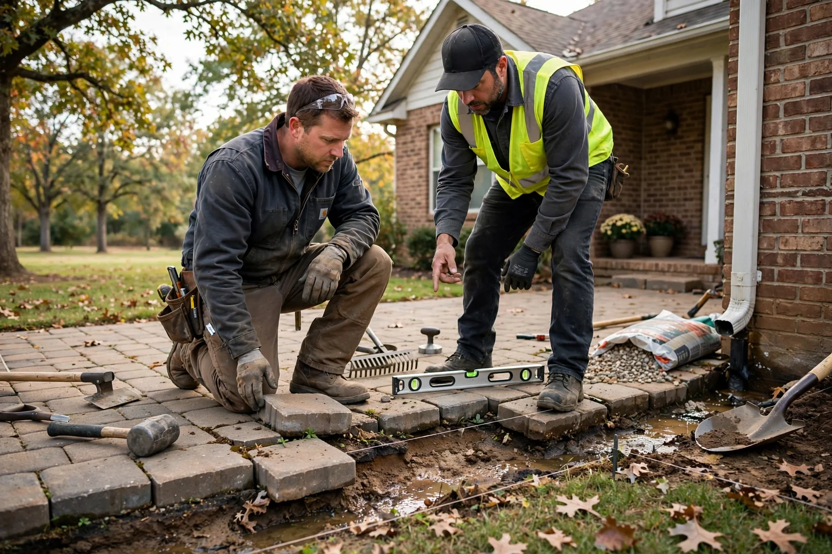 Crew compacting crushed stone base for a new paver driveway in Norman