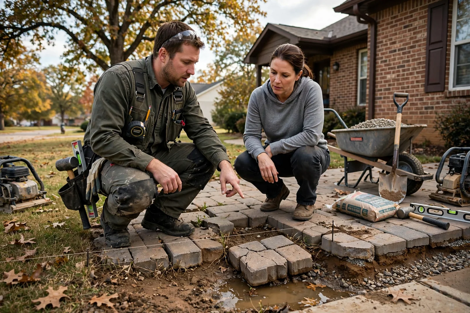 Homeowner reviewing a new paver patio layout with an installer in Norman