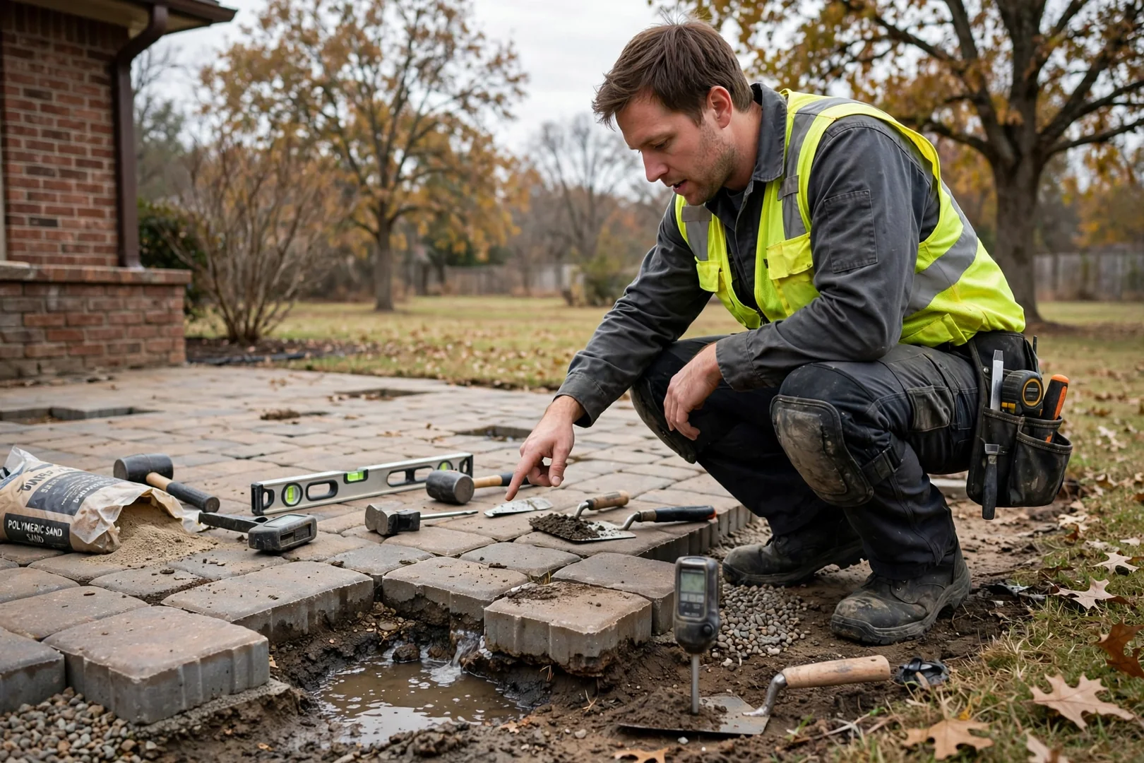 Crew compacting a crushed stone base with a plate compactor for a Norman paver patio