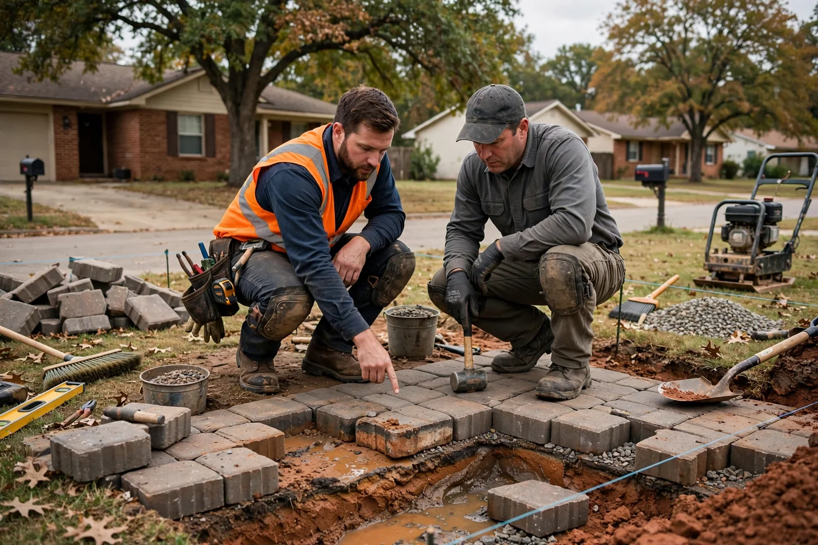 Curved paver walkway leading to the front porch of a Norman home