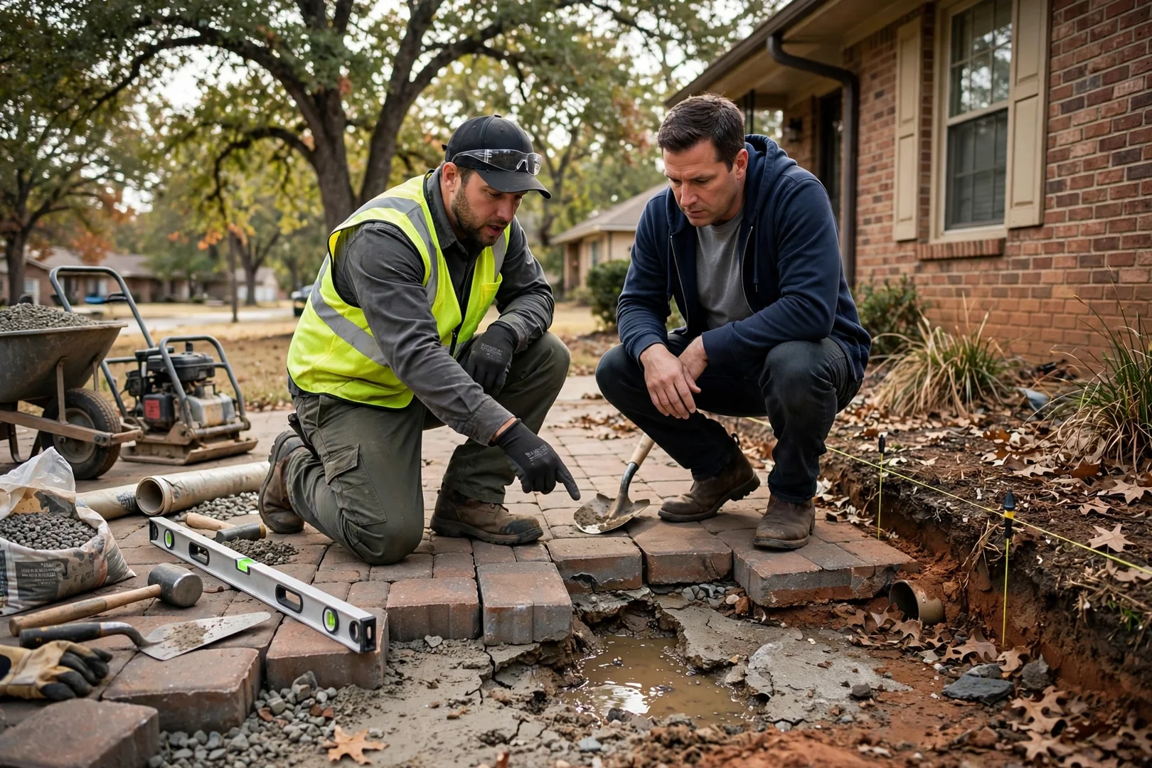 Sunken paver driveway with uneven joints and pooled water in Norman