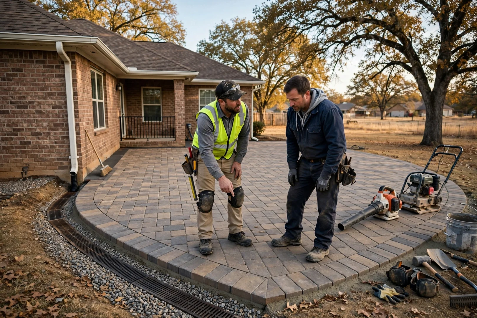 Crew compacting crushed aggregate base for a new paver patio in Norman