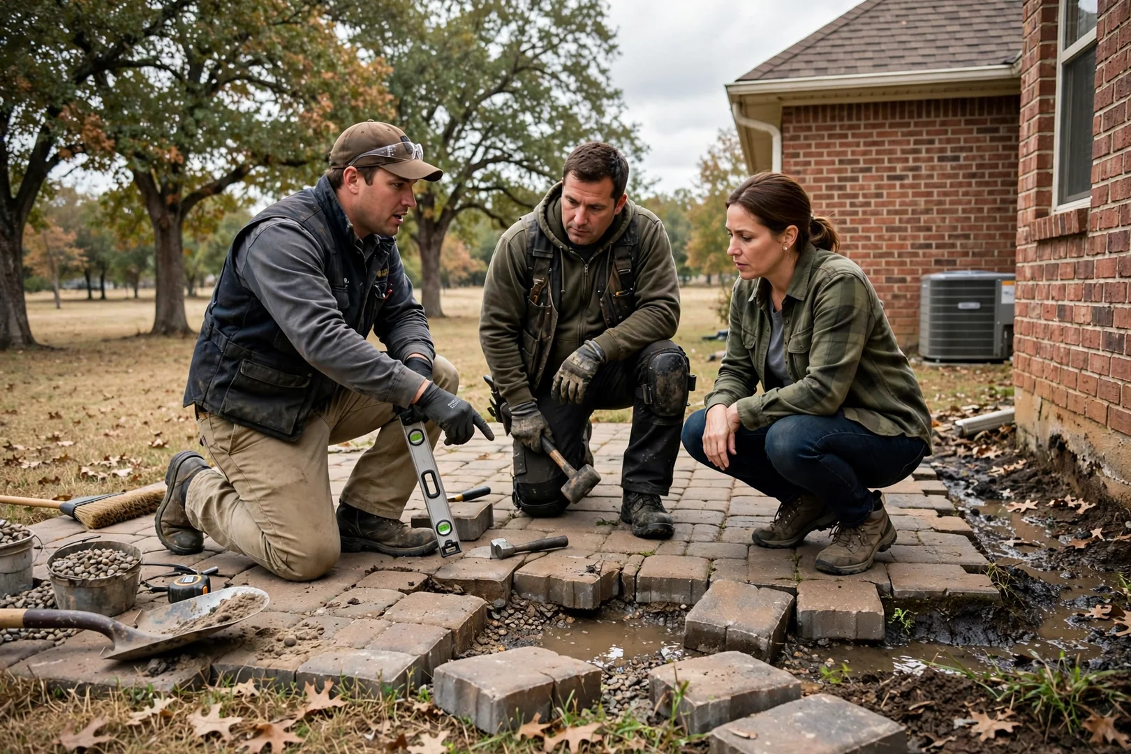 Installer reviewing a finished paver patio with a homeowner in Norman