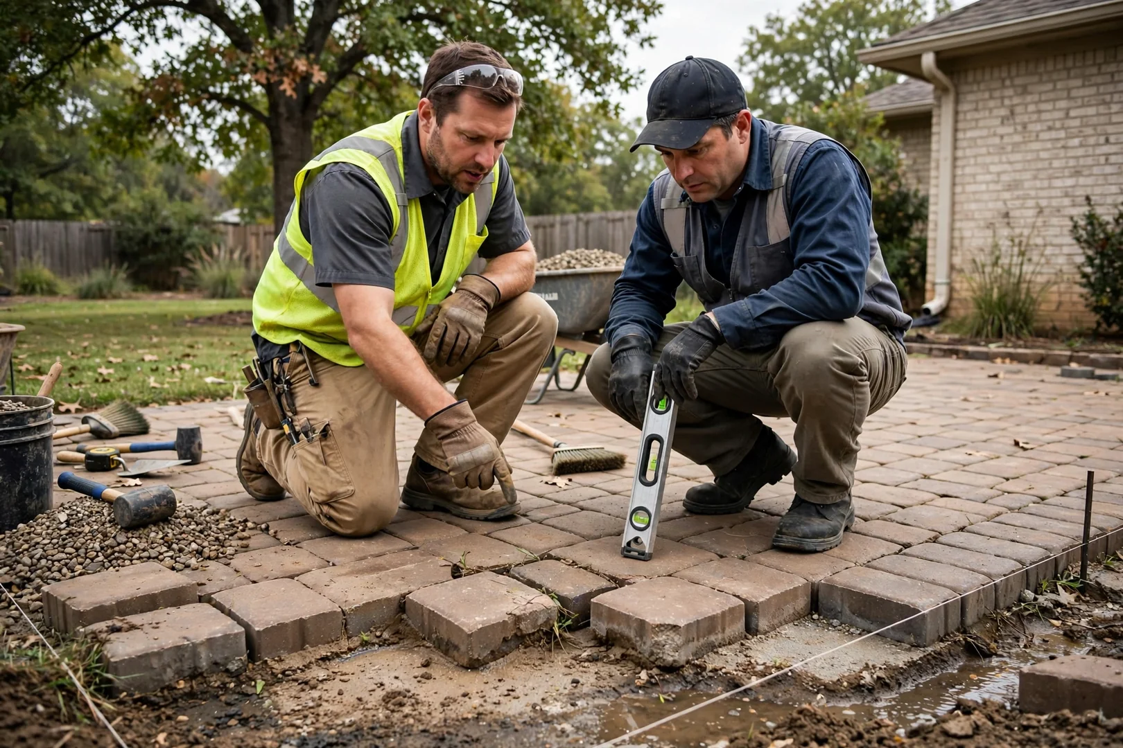 Contractor measuring a backyard patio area with string lines before a paver patio estimate