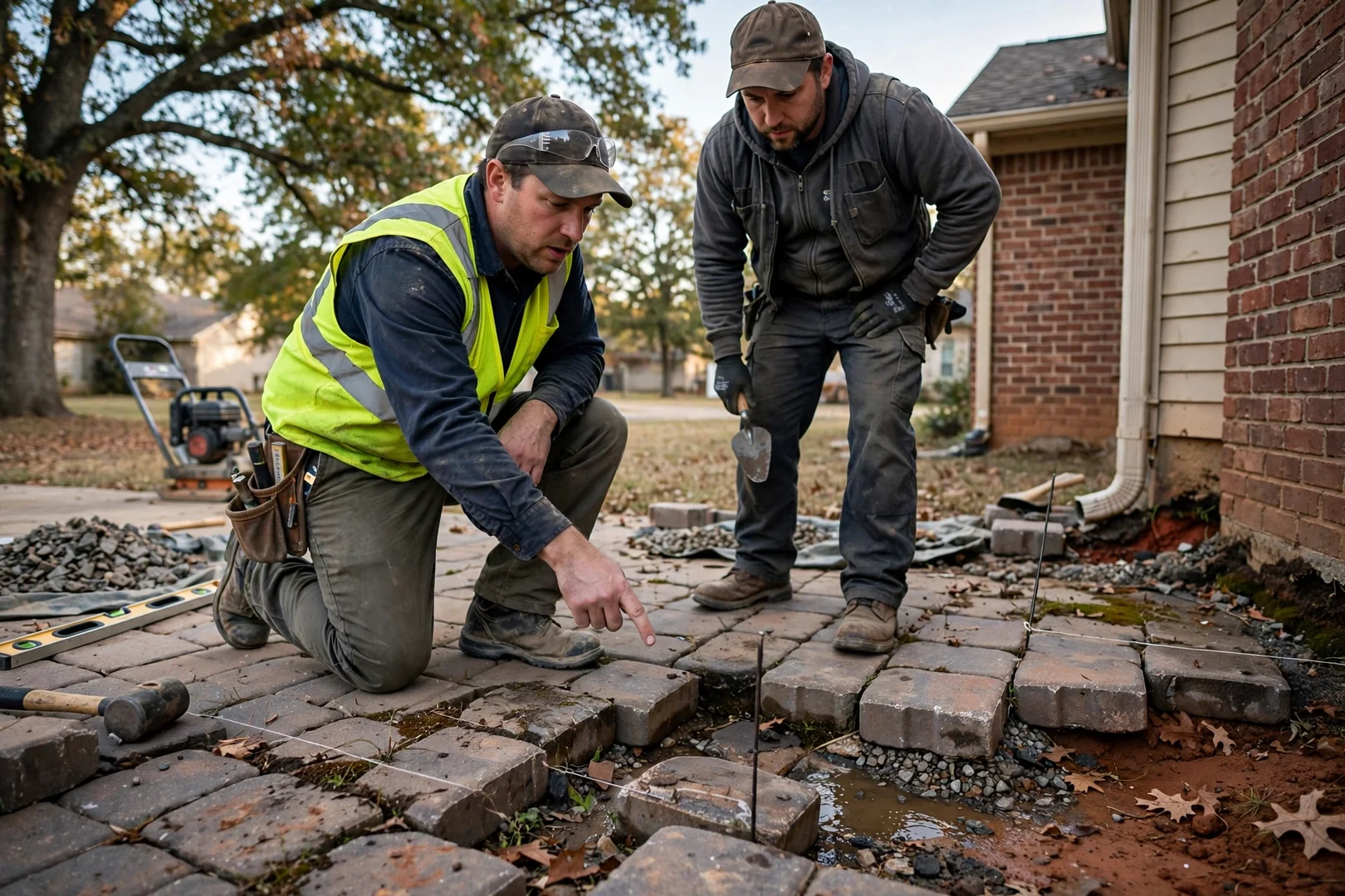 Crew compacting crushed stone base for a new paver patio behind a Norman home