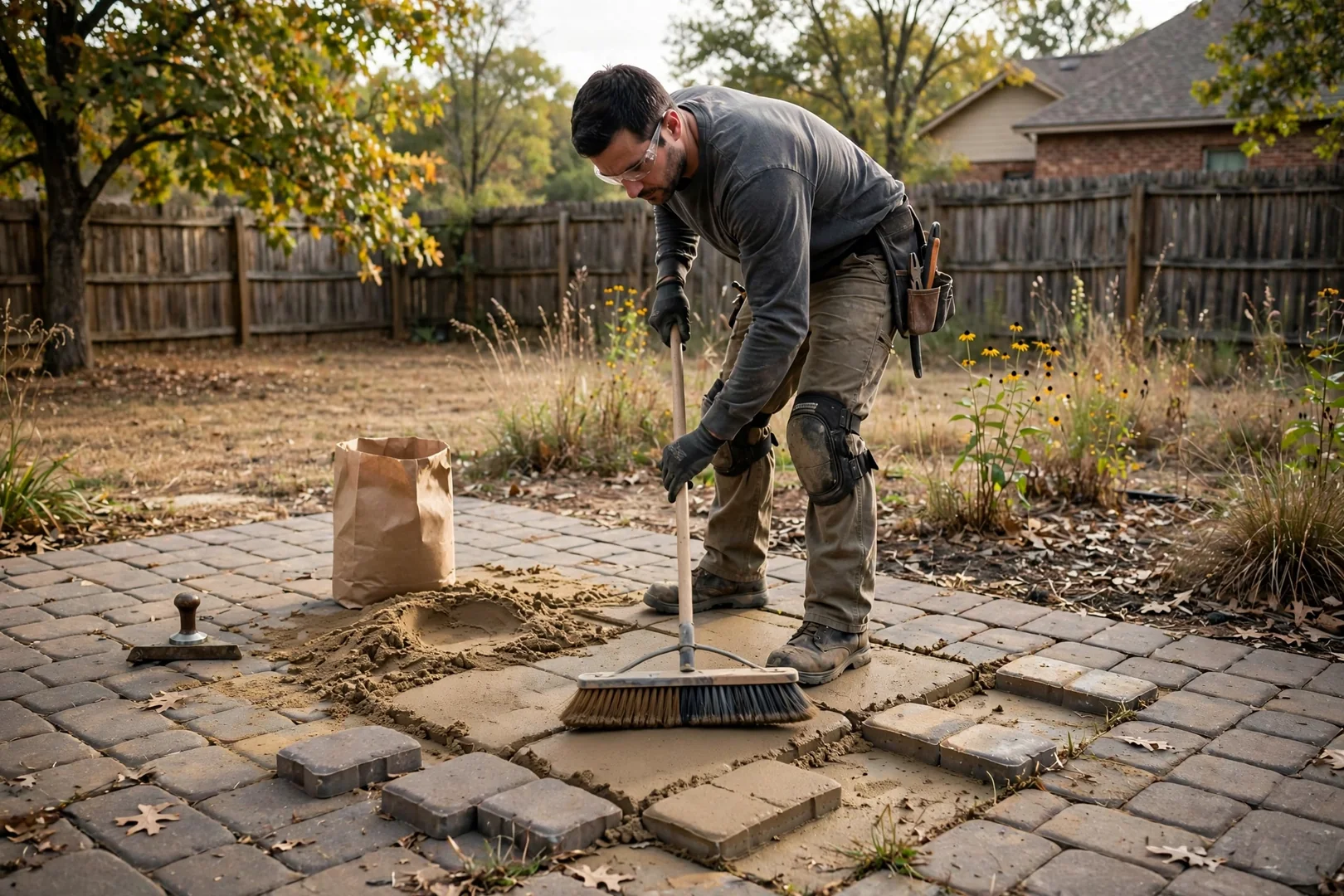 Installer sweeping polymeric sand into paver joints on a backyard patio