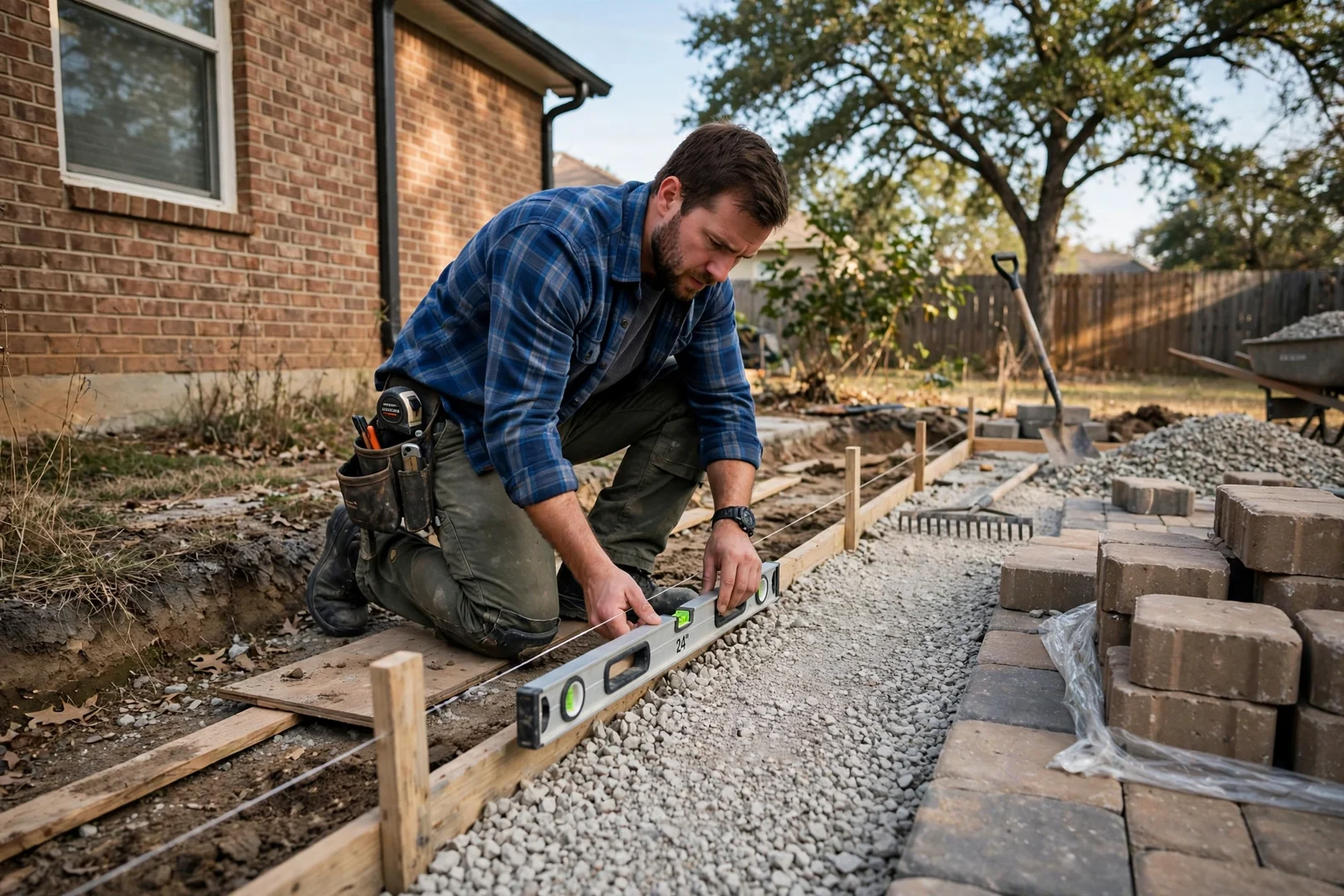 Technician checking patio slope with a level during paver base preparation