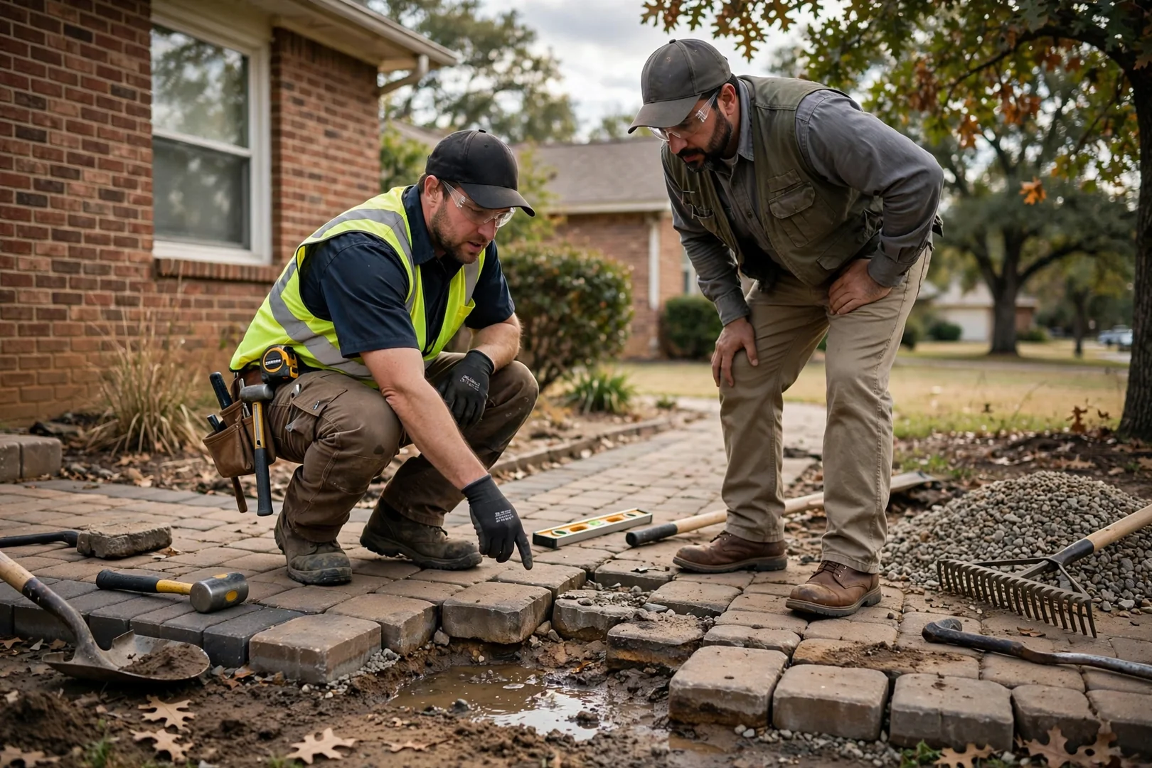 Contractor measuring a curved front yard paver walkway layout before preparing an estimate in Norman