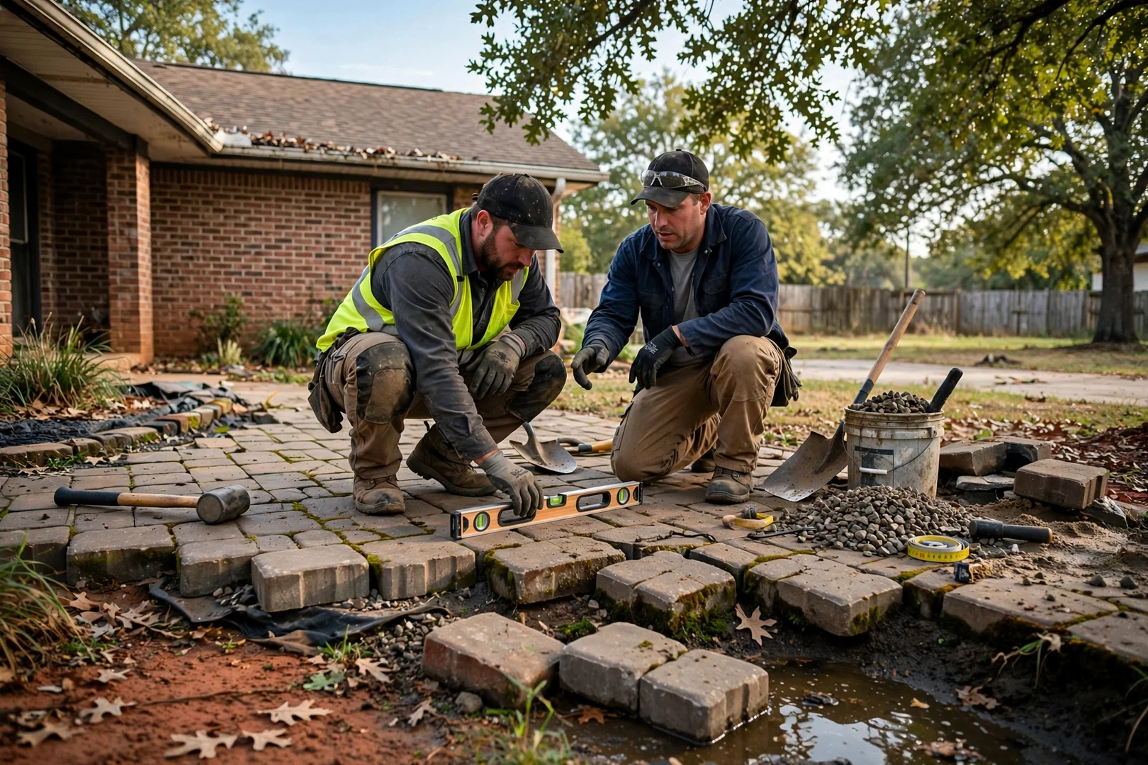Newly installed paver walkway leading to a front door of a Norman home