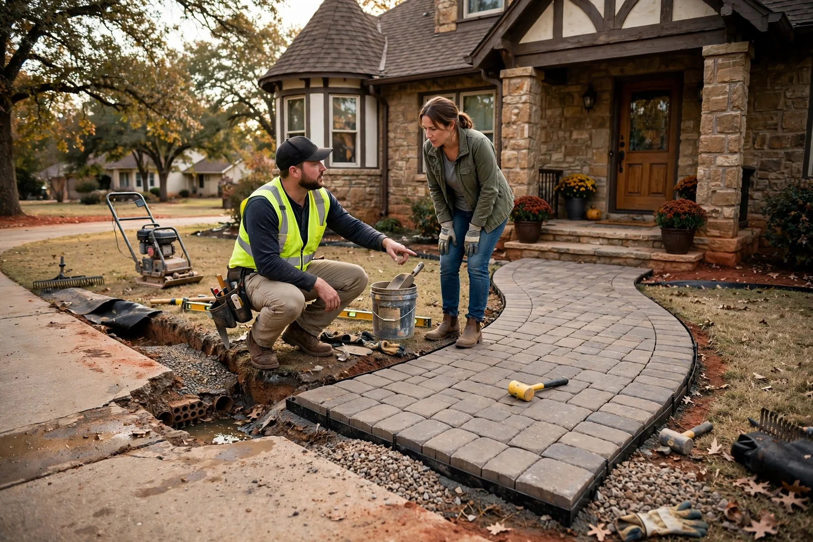 Newly installed paver walkway curving from driveway to front porch of a Norman home