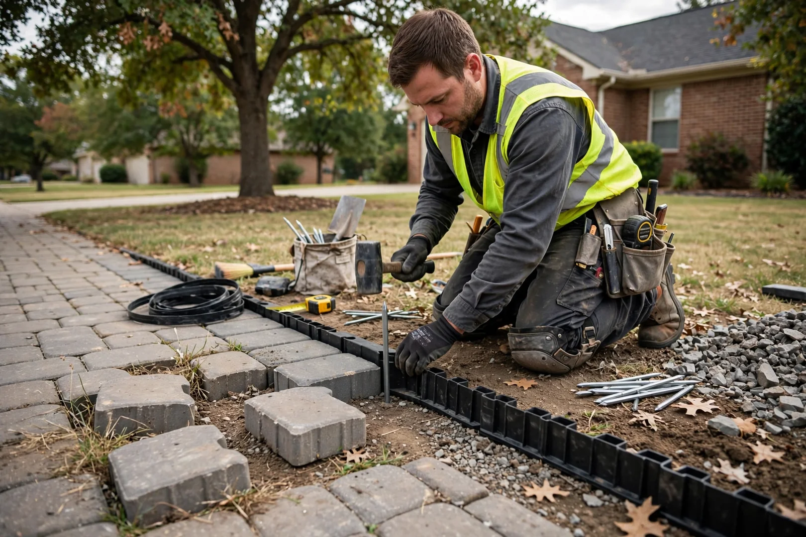 Installer setting edge restraints along a paver sidewalk to prevent shifting