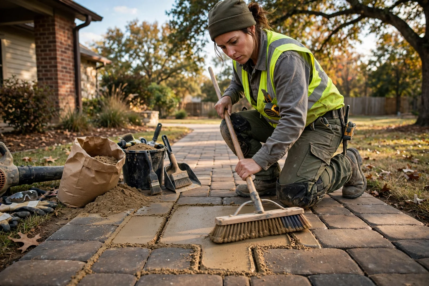 Polymeric sand being swept into joints of a finished paver walkway